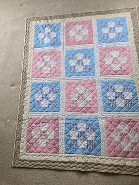 Handmade Pink & Blue Patchwork Quilt - 64" X 81.5"